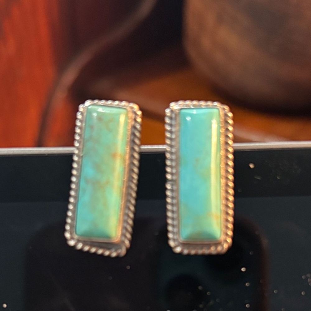 Turquoise Rectangular Earrings With Silver Trim - image 1